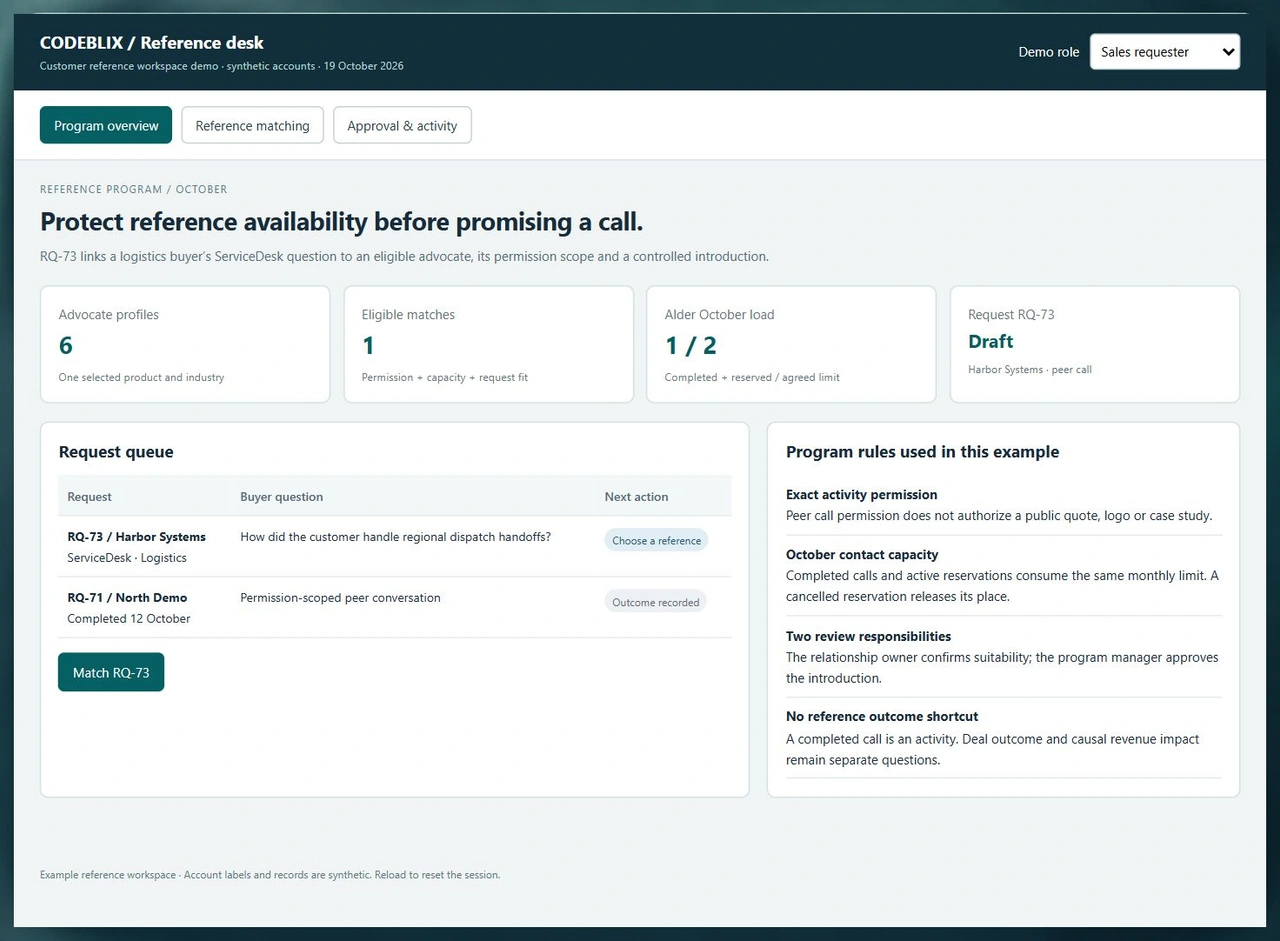 Reference program demo showing six advocate profiles, one eligible match, Alder Freight at one of two October calls and request RQ-73 in draft