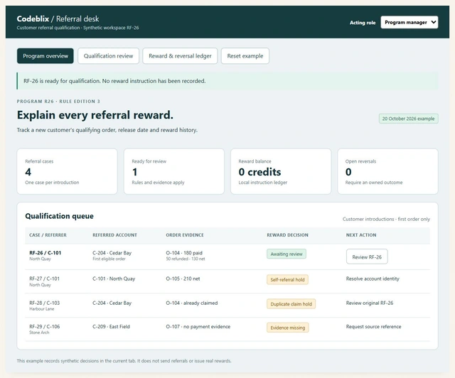 Referral workspace with four synthetic introduction cases, one ready for review, zero reward credits and three evidence holds