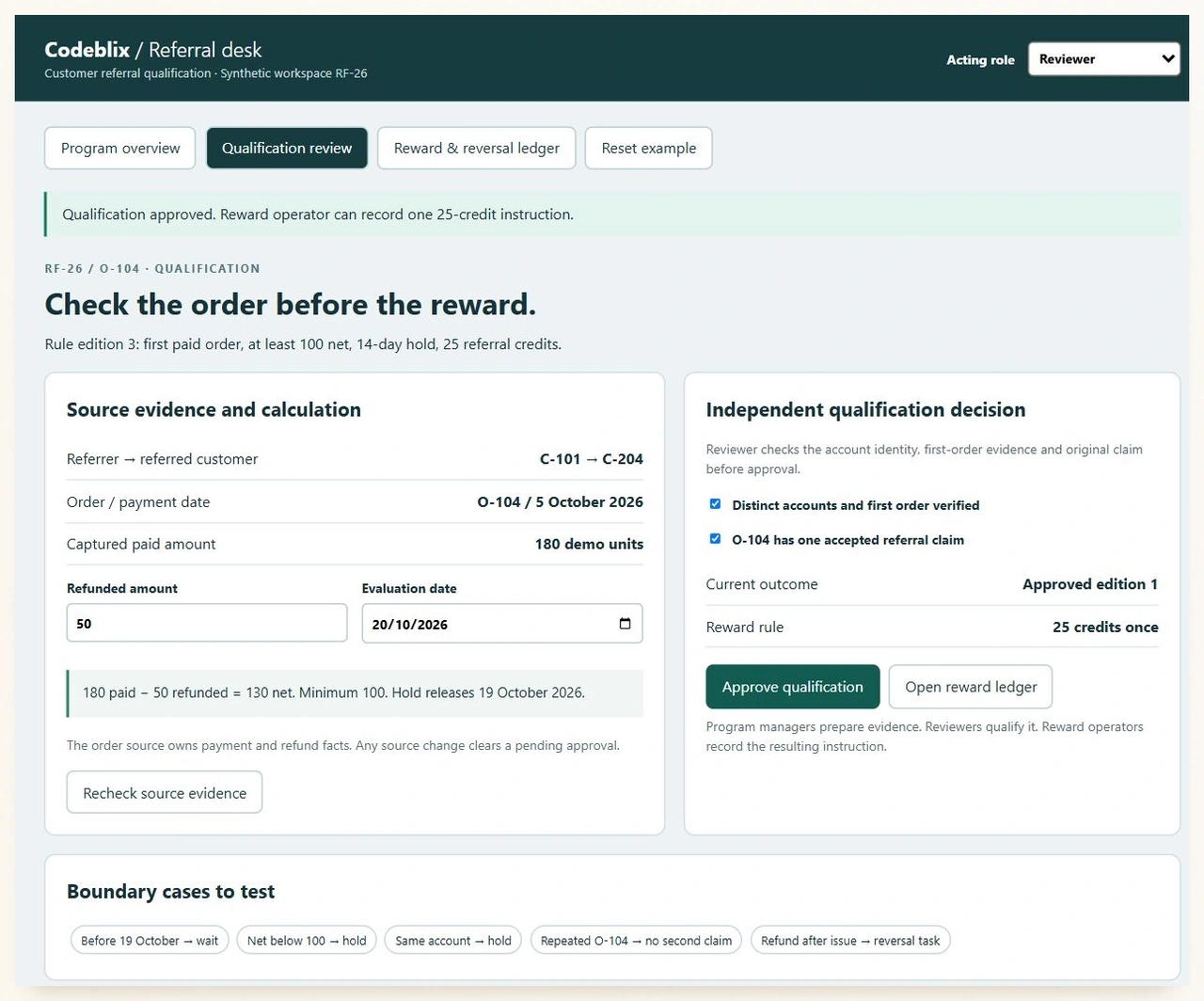 Reviewer approves RF-26 source edition 1 after two evidence checks with 180 paid, 50 refunded, 130 net and a 25-credit rule