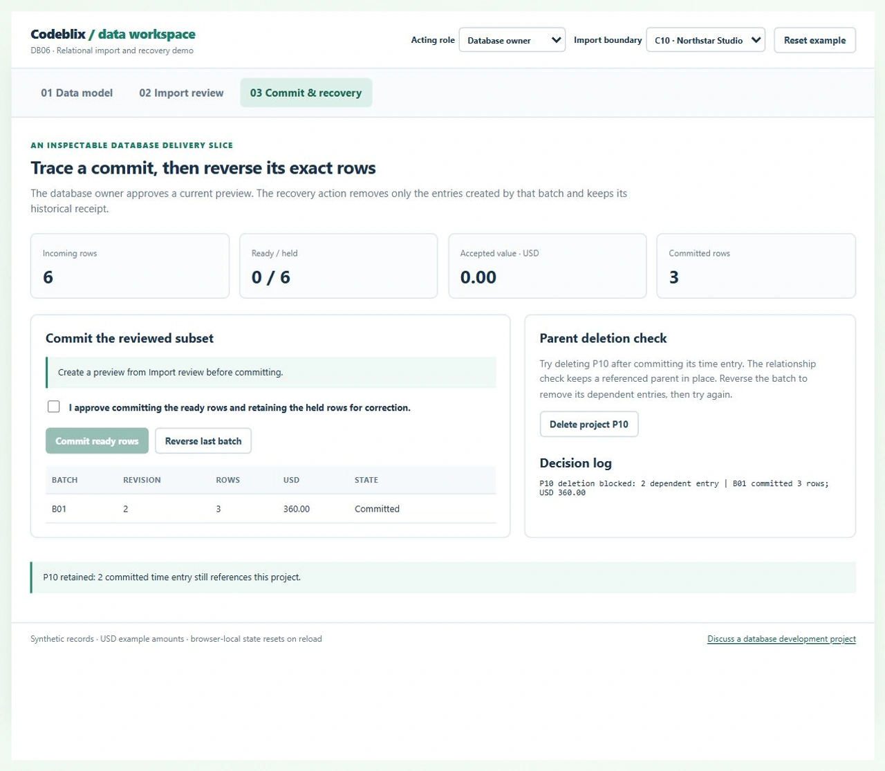 Batch B01 receipt records three entries worth USD 360.00 and the decision log blocks deleting P10 because two committed entries reference it