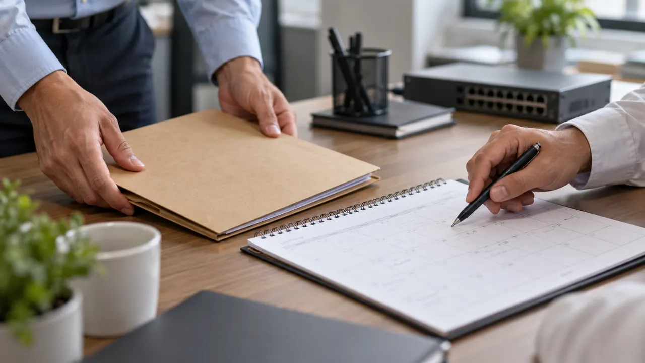 Hands placing a tan folder beside a paper desk calendar while a colleague points at a square with a pen