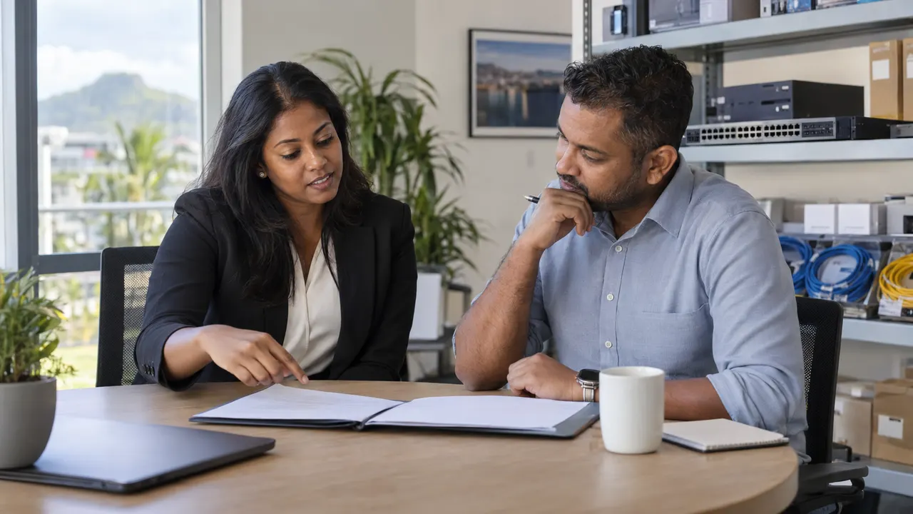 Two business colleagues reviewing an open paper folder at a table with network equipment on shelves behind them