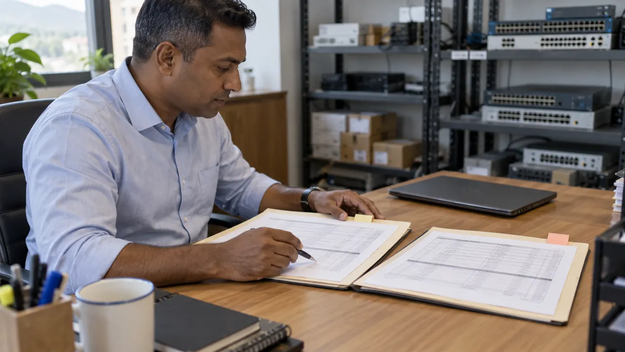 A seated business reviewer comparing two paper folders with a pen beside a closed laptop