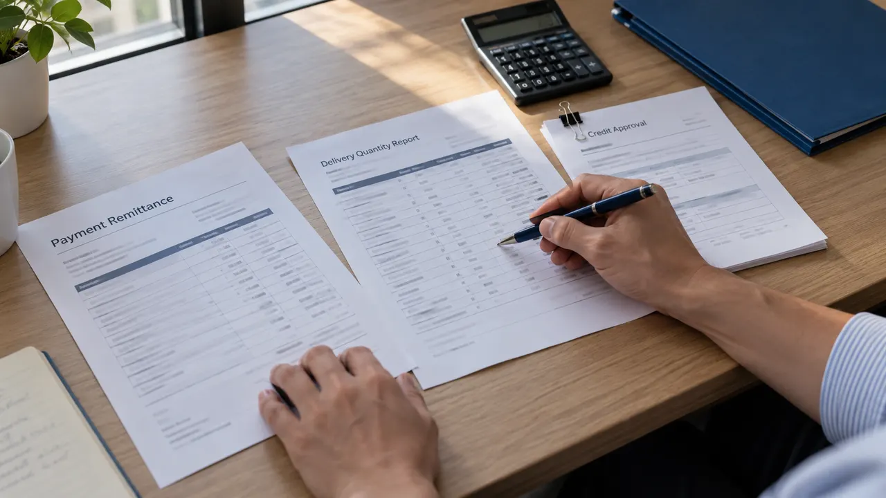 Hands reviewing remittance, delivery quantity and credit approval papers beside a calculator