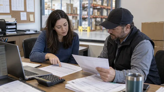 Two colleagues comparing printed documents at a desk overlooking warehouse cartons