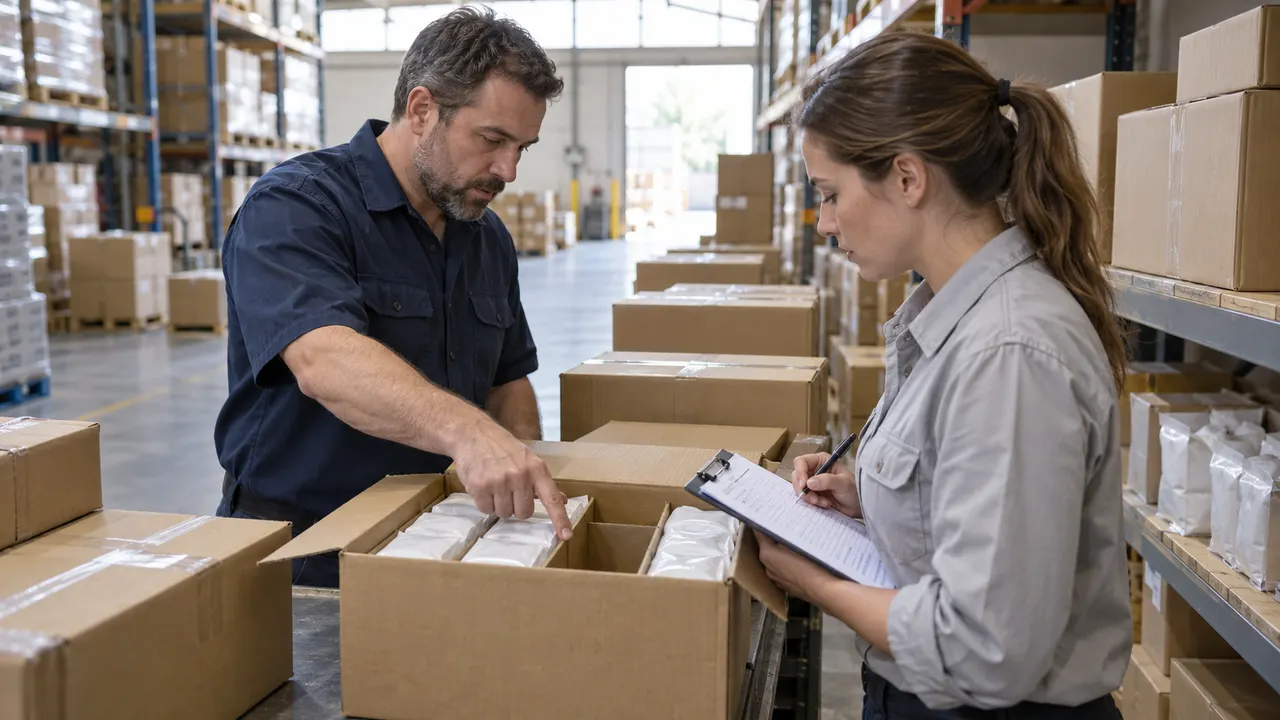 Two warehouse colleagues checking white pouches in an open carton against a clipboard sheet