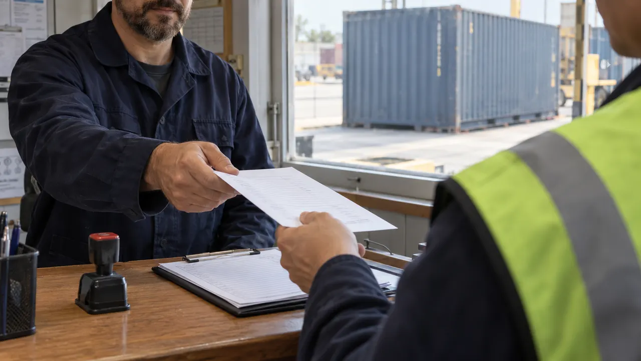 A depot clerk handing a paper receipt to a colleague at a reception counter