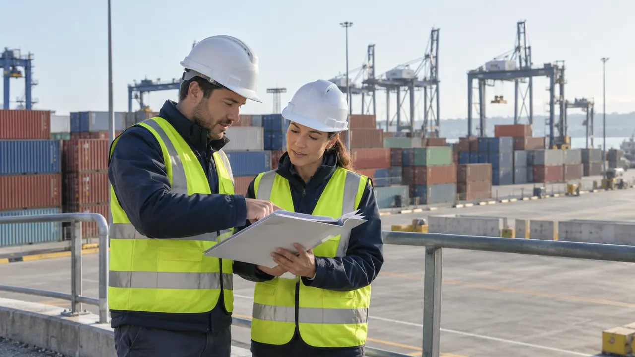 Two coordinators in safety vests reviewing a paper folder beside a container yard