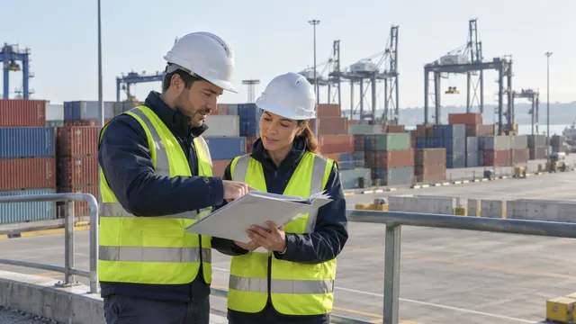 Two coordinators in safety vests reviewing a paper folder beside a container yard