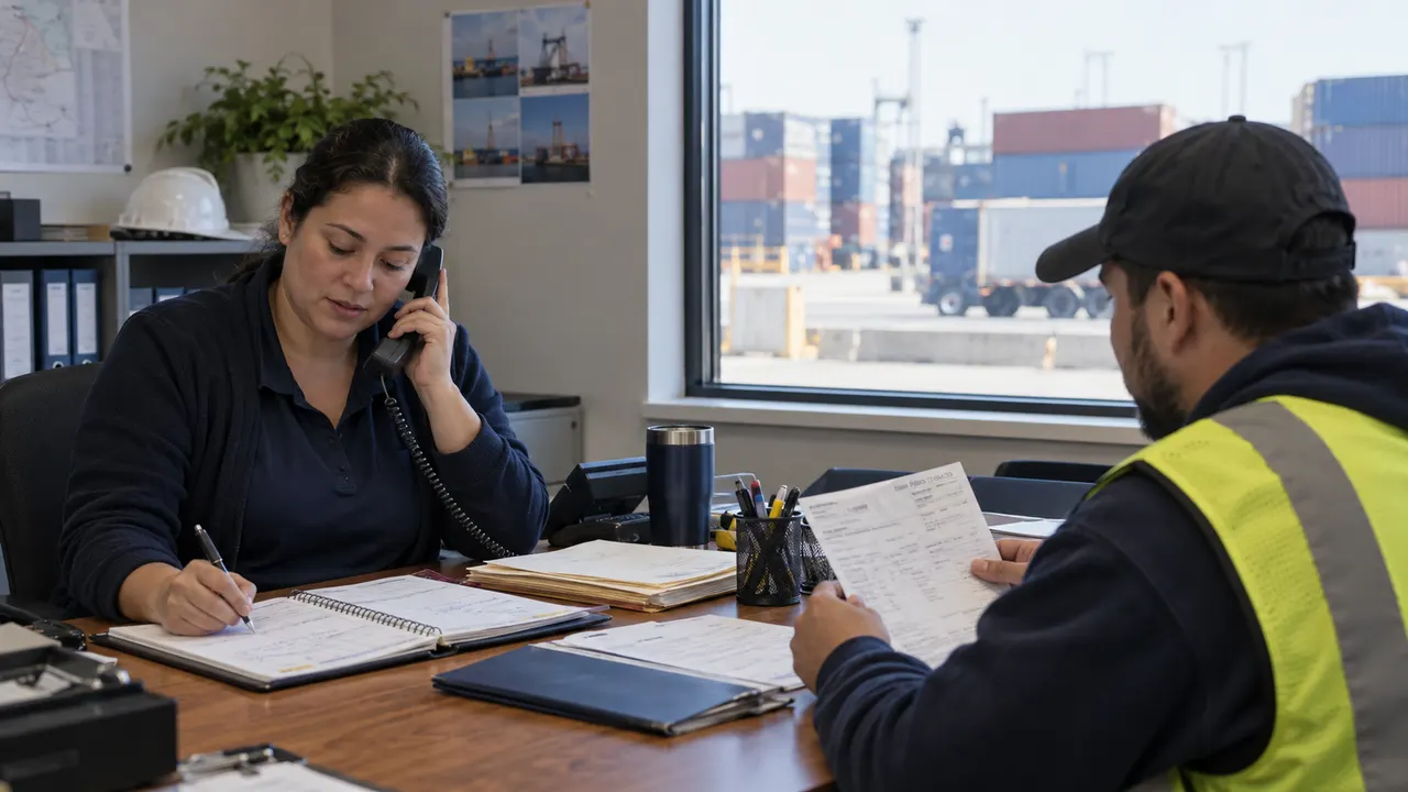 A dispatcher on a desk telephone and a colleague reviewing papers in a port office