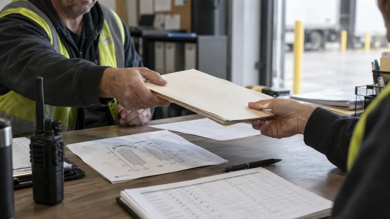 Warehouse workers passing a paper folder above a loading-bay layout and appointment grid