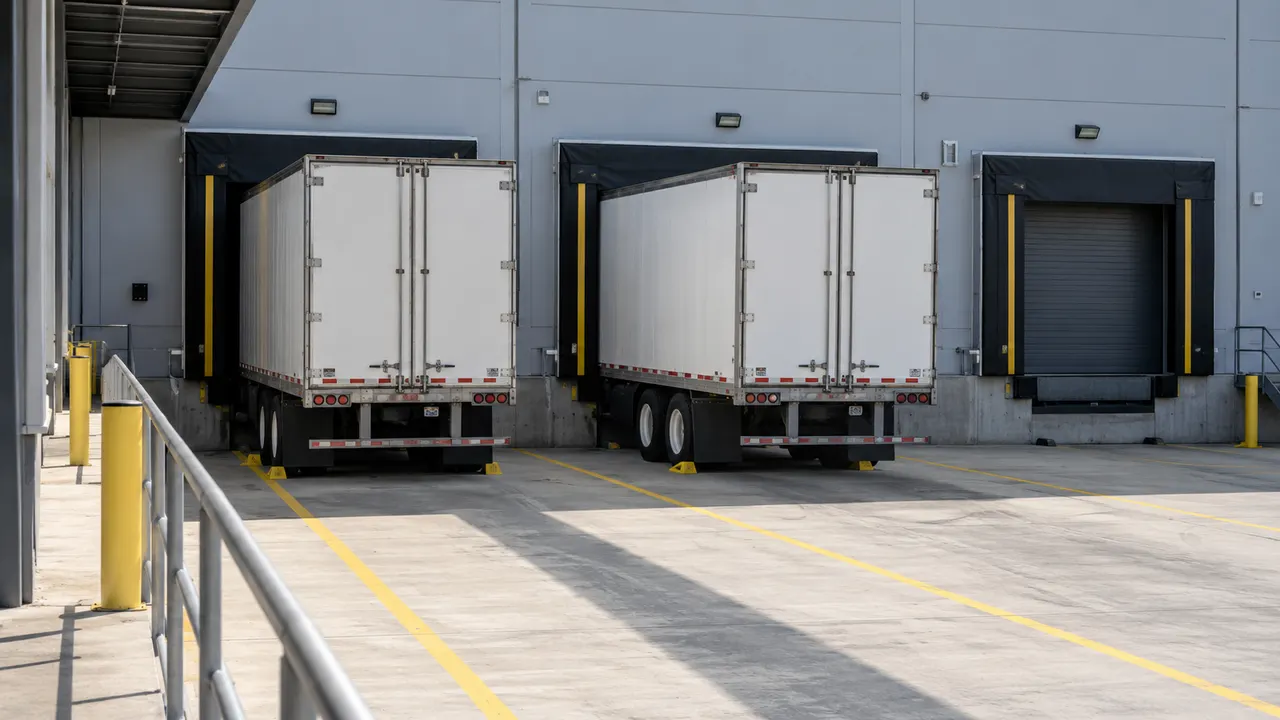 Two white trailers backed into warehouse loading bays beside an empty closed bay