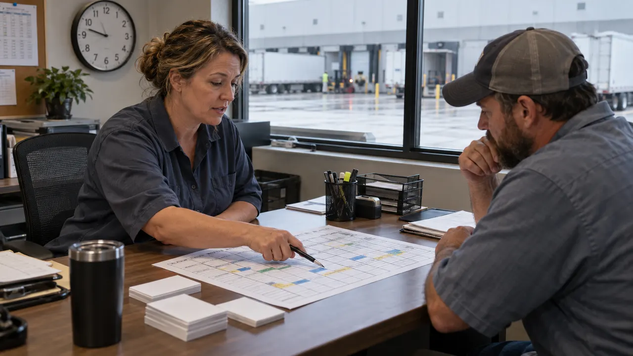 Two coordinators reviewing a paper appointment grid in an office overlooking loading bays