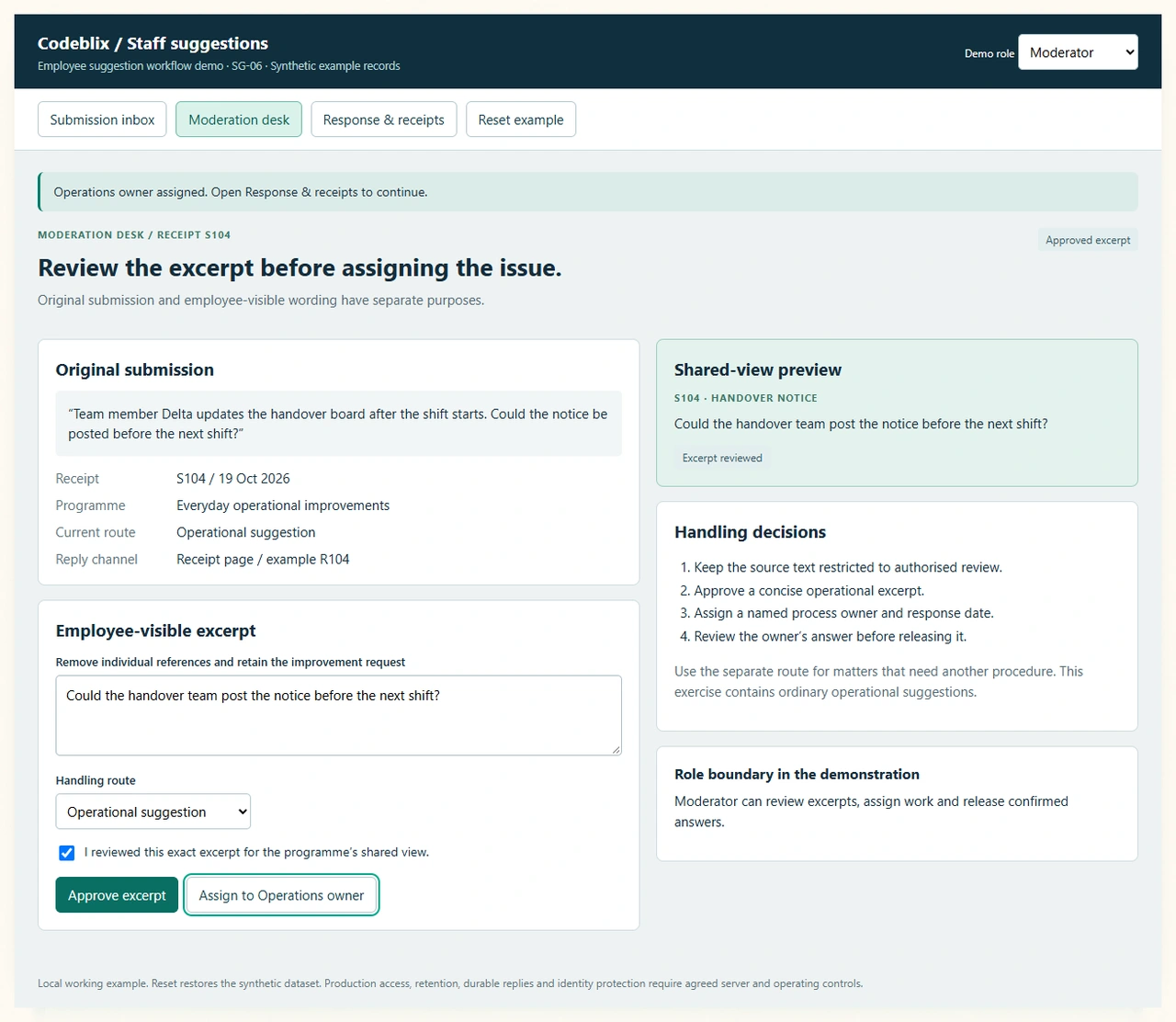Moderation desk displays the original handover suggestion beside its approved shared excerpt and Operations assignment controls