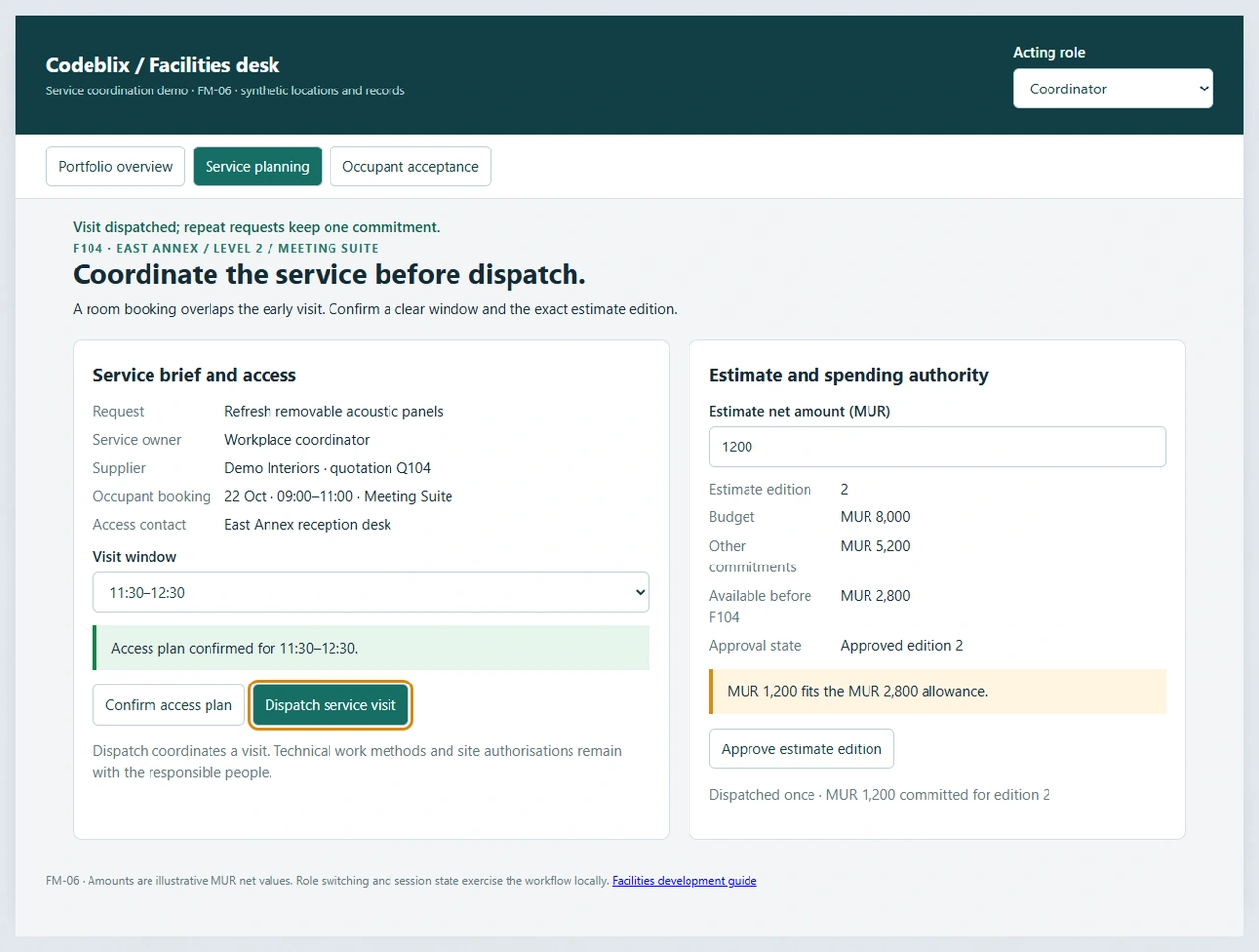 F104 planning screen shows a clear 1130 visit window, approved edition 2 and a MUR 1200 service commitment