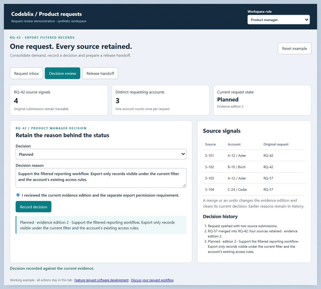 Product manager records Planned for evidence edition 2 with four source rows, three account identities and retained merge history