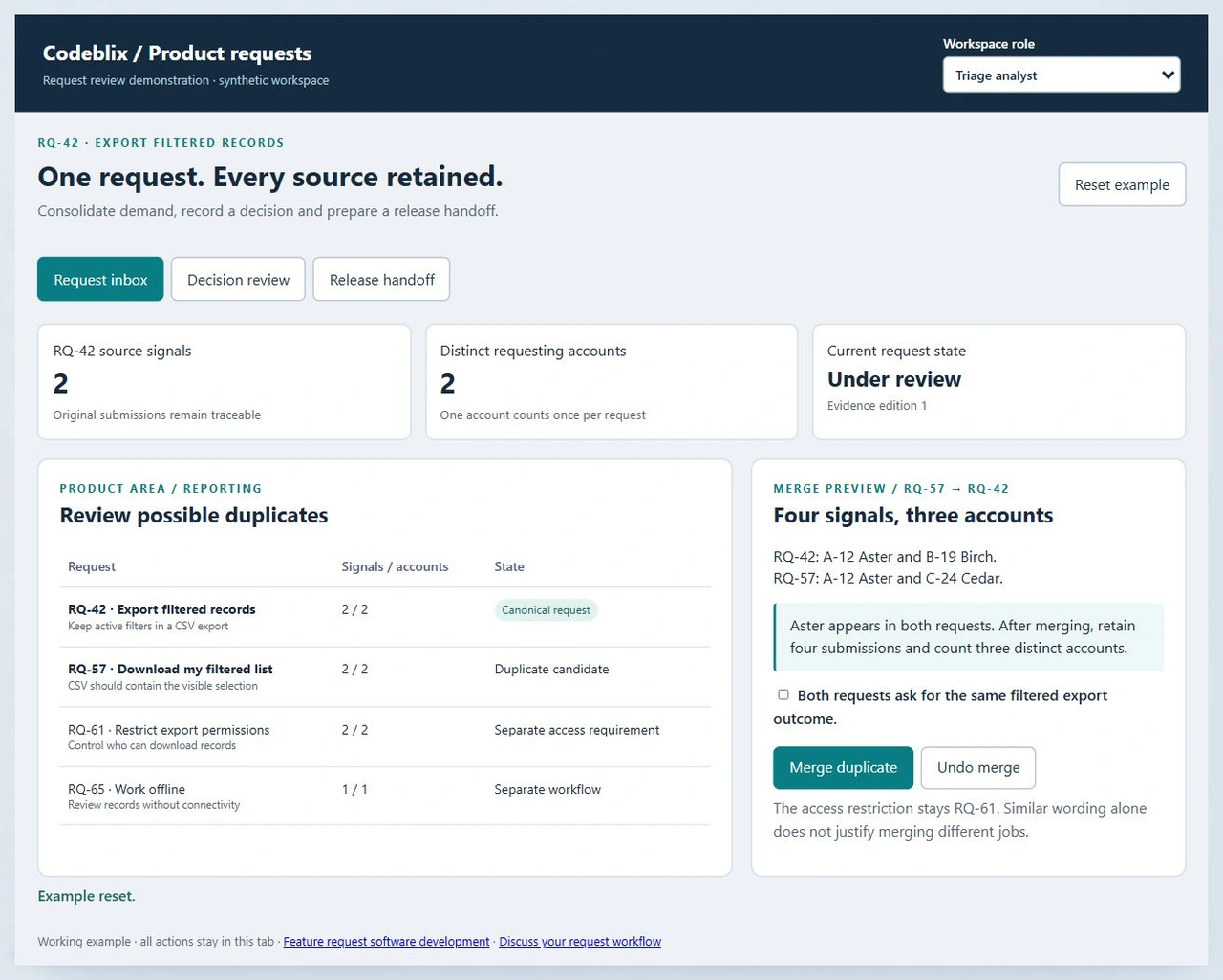 Feature request inbox shows RQ-42 and RQ-57 with two submissions each and a merge preview of four sources from three accounts