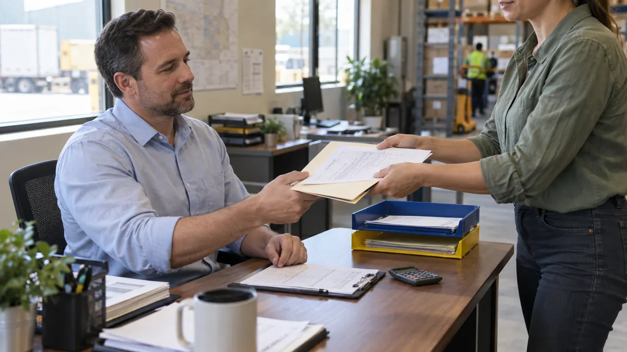 A colleague handing a folder and paper summary to a seated reviewer beside document trays