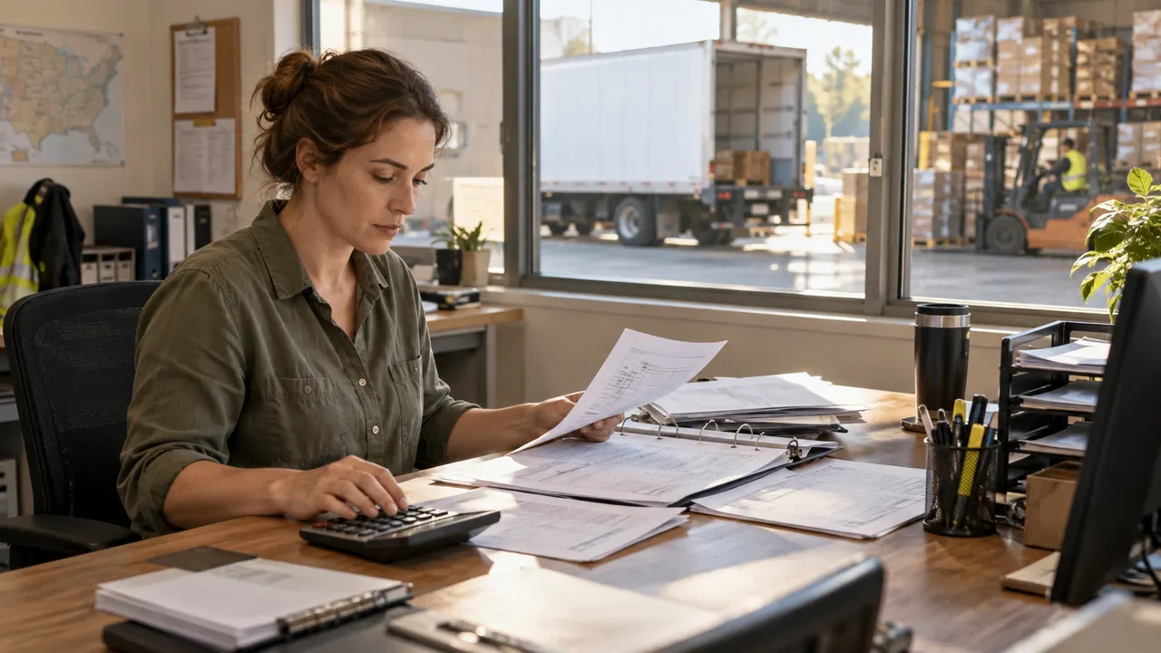 A woman reviewing paper documents at a desk overlooking a truck and warehouse racks