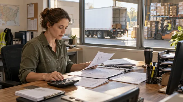 A woman reviewing paper documents at a desk overlooking a truck and warehouse racks