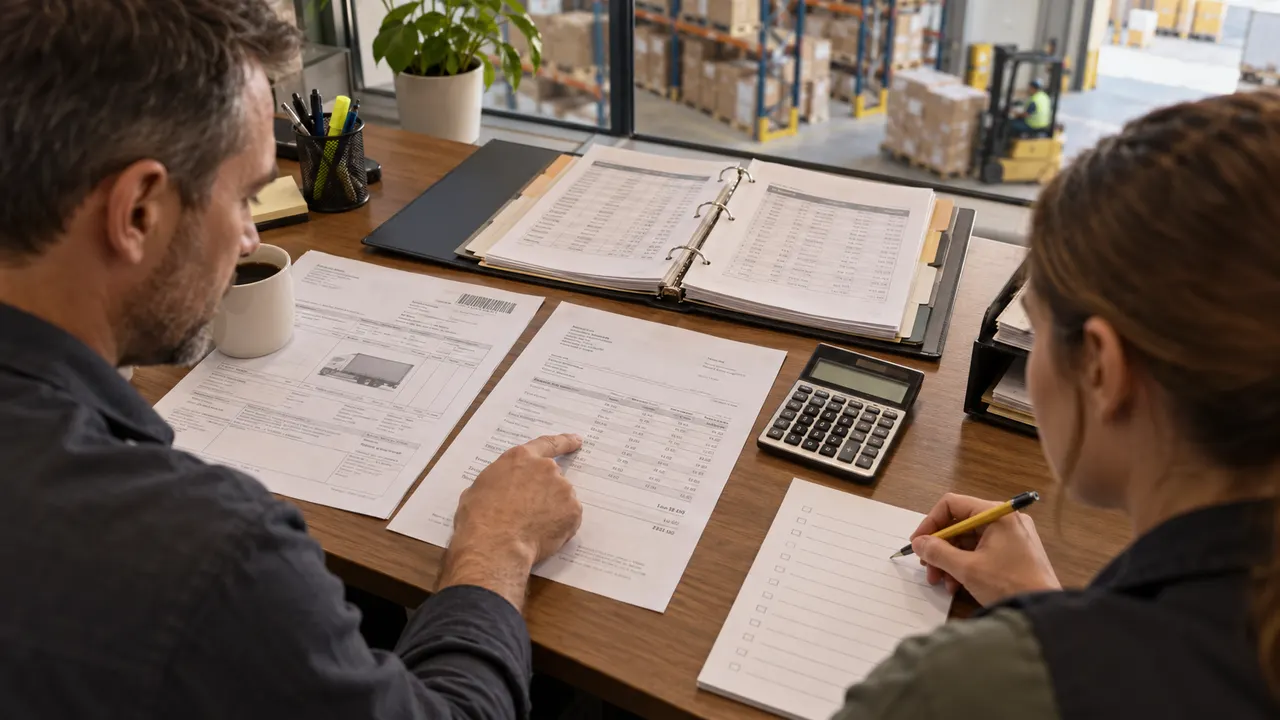 Two colleagues comparing paper sheets beside a tabbed binder and calculator