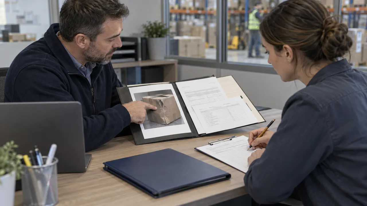 Two colleagues reviewing a folder with a damaged carton image and paper records beside a laptop