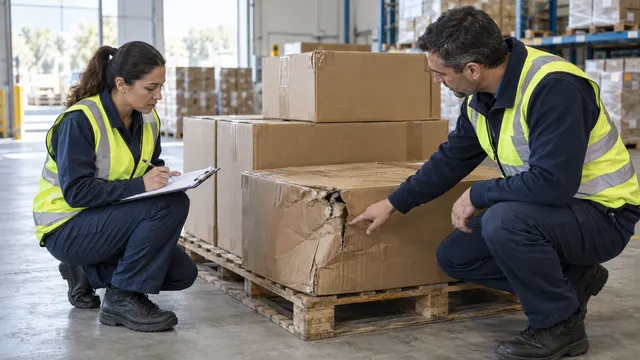 Two warehouse colleagues inspecting a crushed carton on a stationary pallet with a clipboard