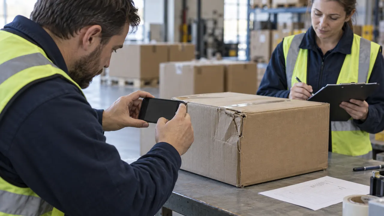 A warehouse colleague holding a phone beside a damaged carton while another writes on a clipboard