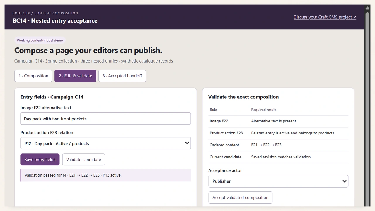 Content composition editor shows the image description, active product P12 and passing validation at revision r4