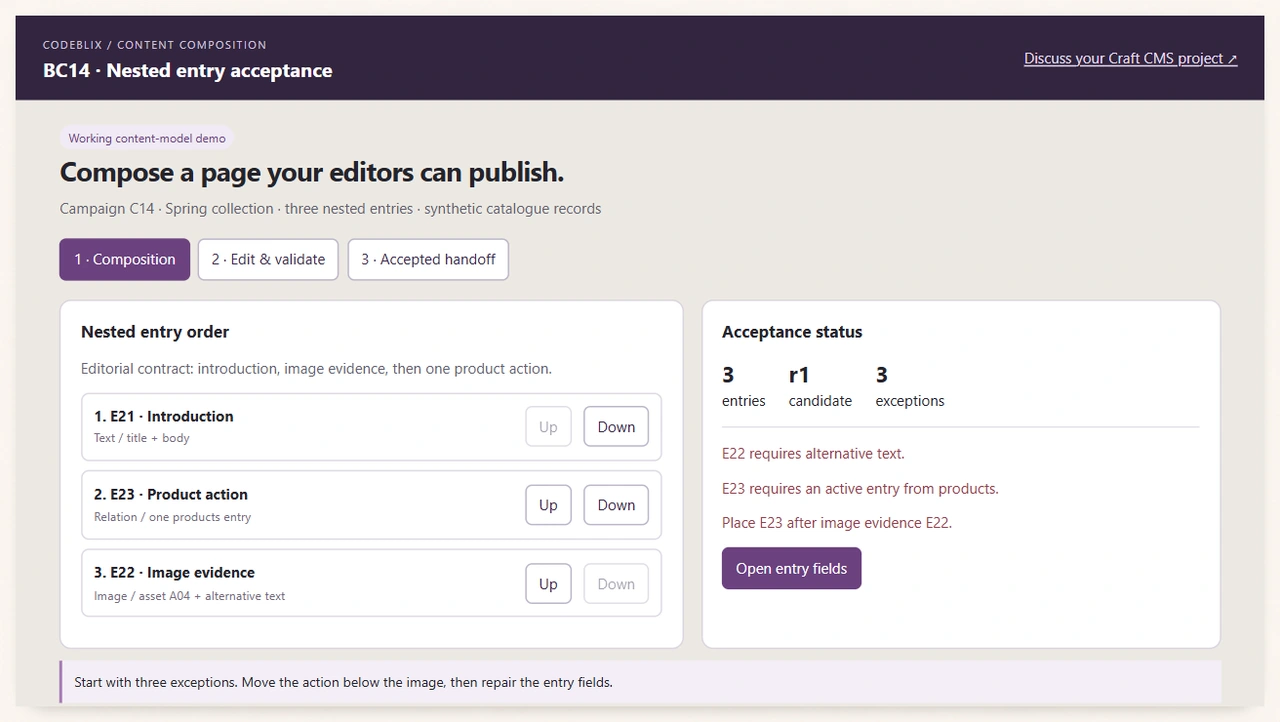 Campaign C14 has three nested entries and three exceptions for image text, product relation and entry order