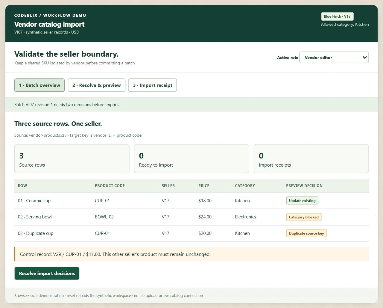 Vendor import demo shows three Blue Finch product rows with a blocked category and duplicate CUP-01 source key