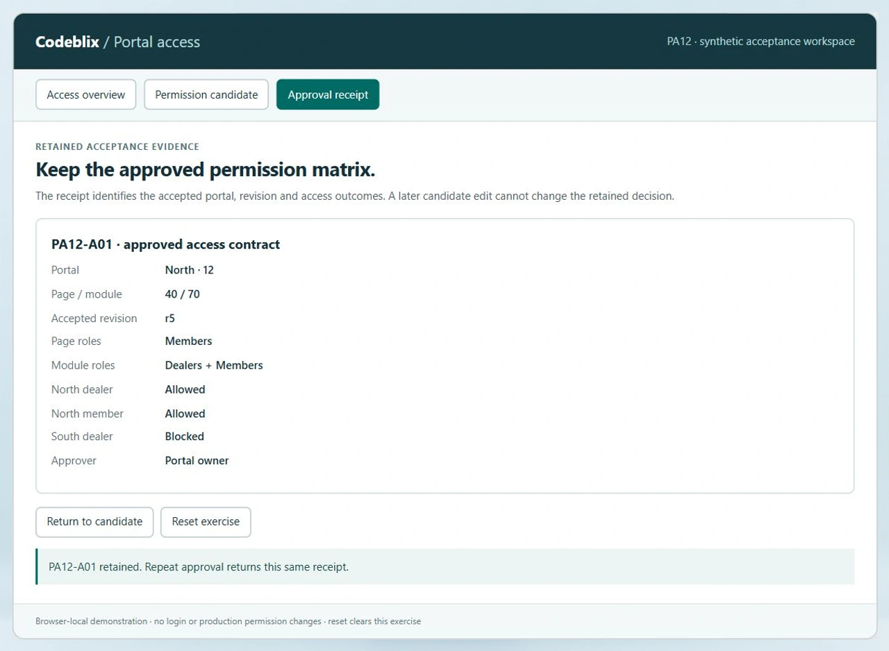 Approval receipt PA12-A01 retains North12 page40 module70 revision r5 with North users allowed and South dealer blocked