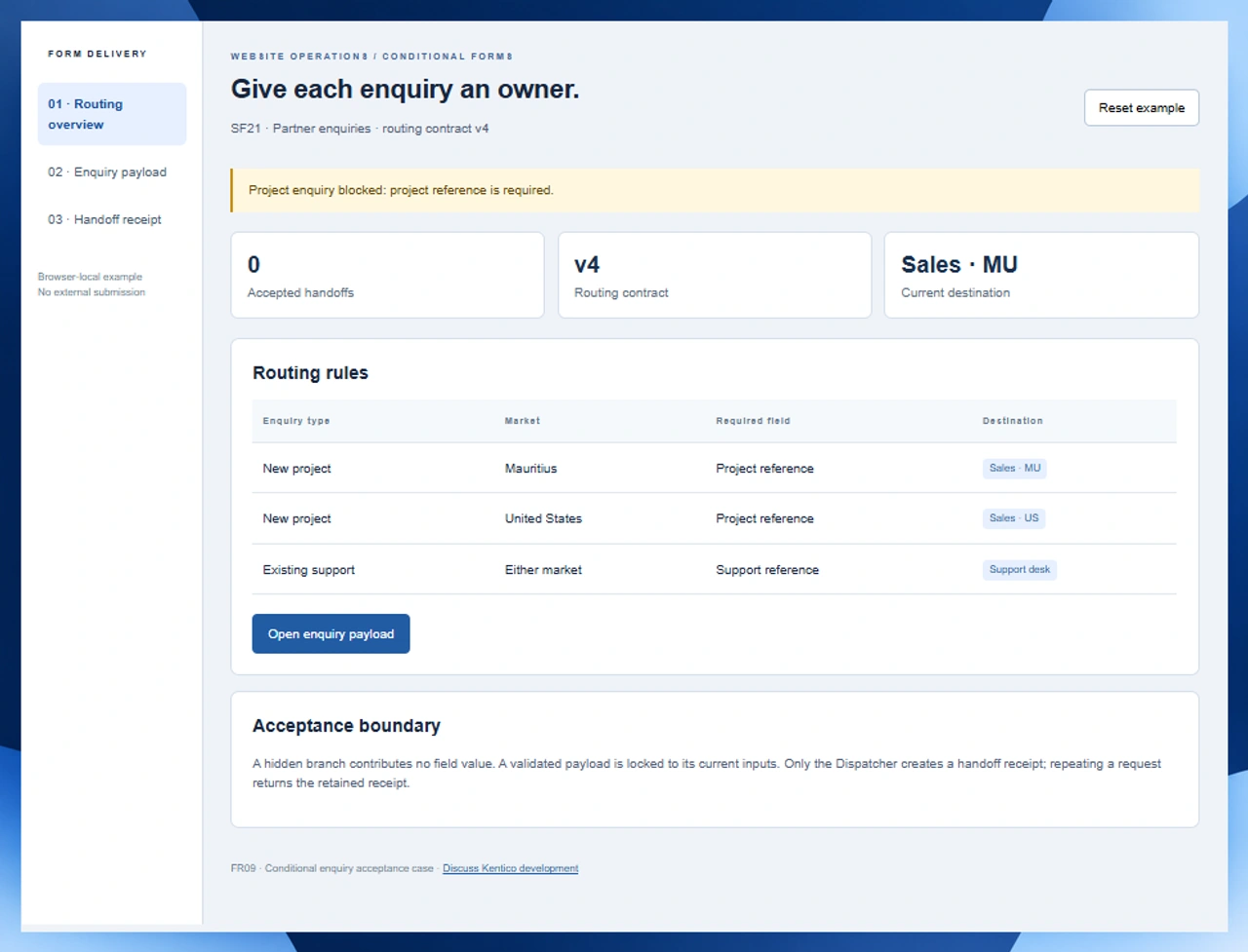 Enquiry routing overview shows Mauritius and US sales queues and a support desk with required branch references
