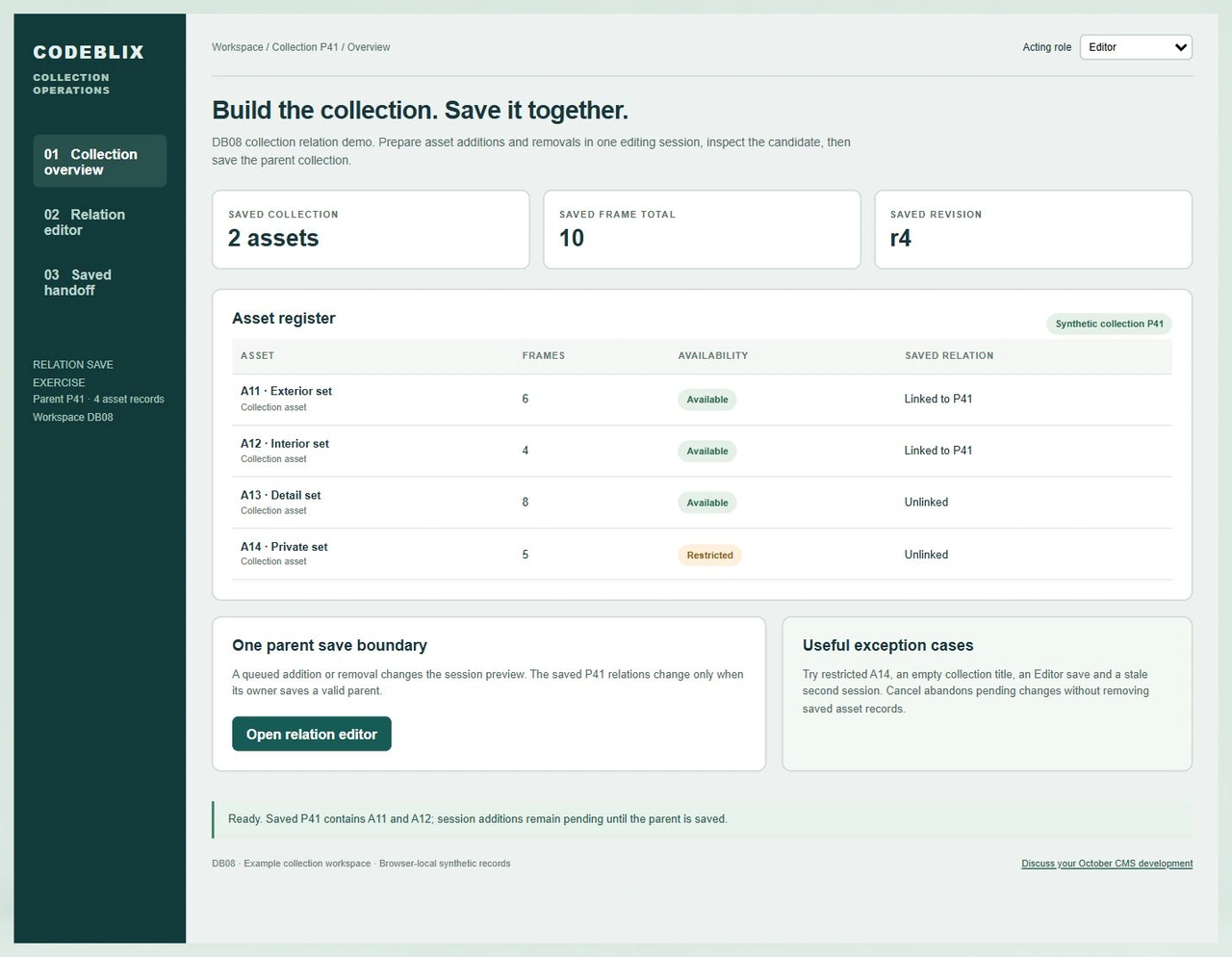 Collection P41 starts at revision r4 with two linked assets totaling ten frames and one restricted asset