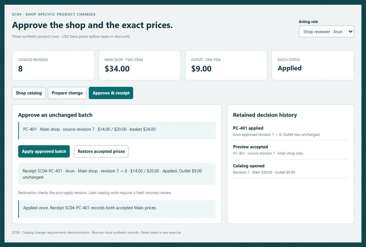 Reviewer Arun applies PC-401 at revision 8 with a $34 Main basket, $9 Outlet price and retained approval receipt