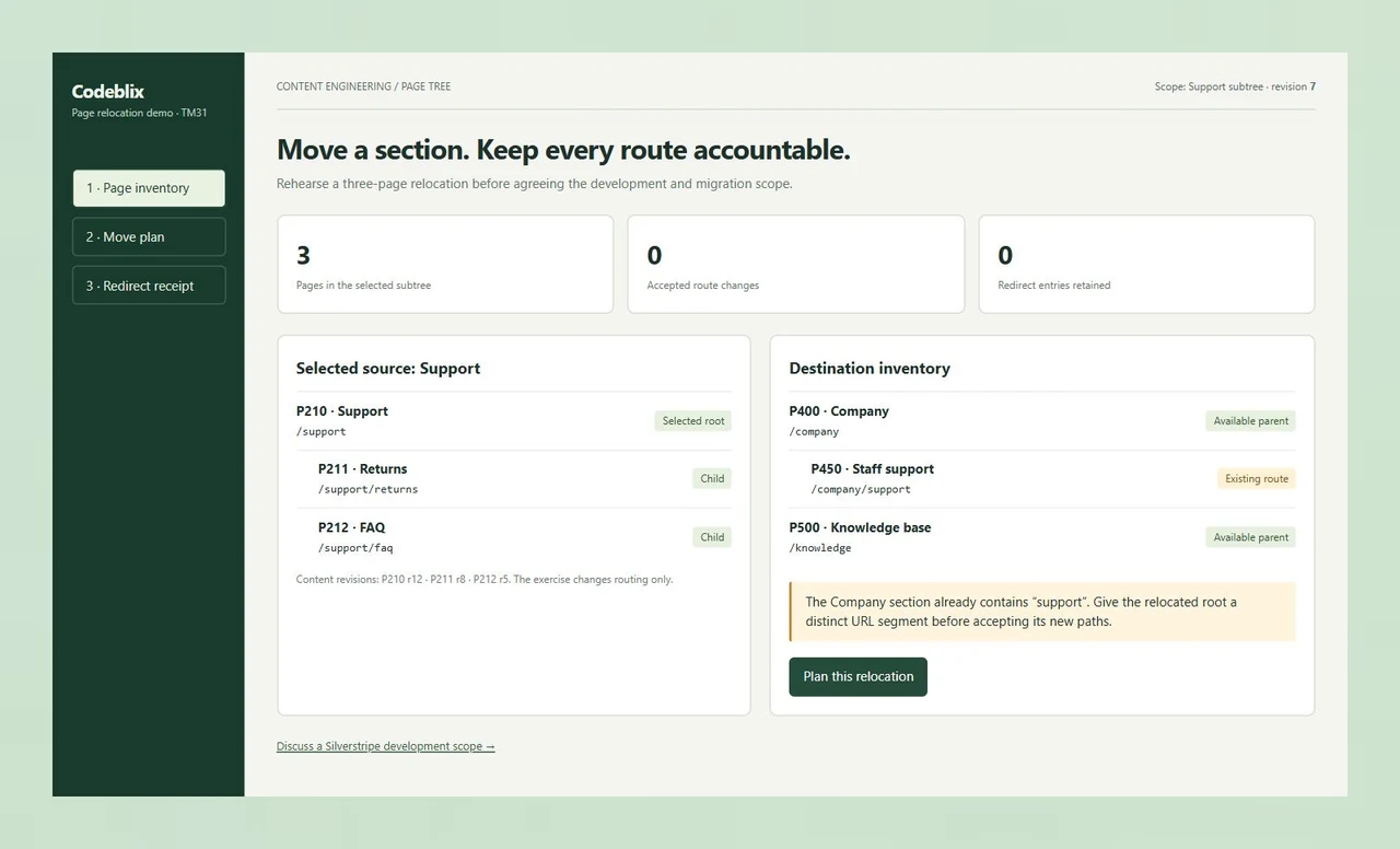 TM31 inventory shows Support and its Returns and FAQ child pages beside an existing Company support route