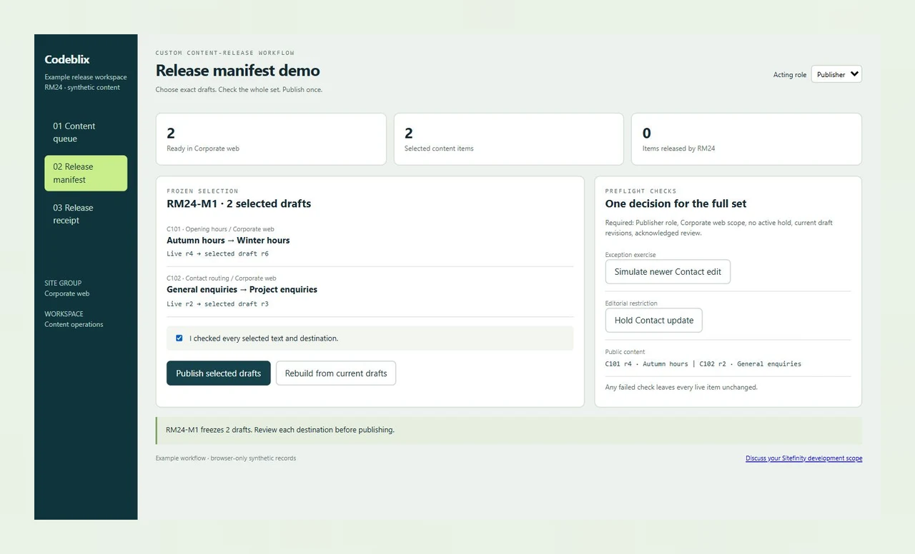 RM24-M1 freezes Opening hours draft r6 and Contact routing draft r3 beside the previous live revisions and publisher checks