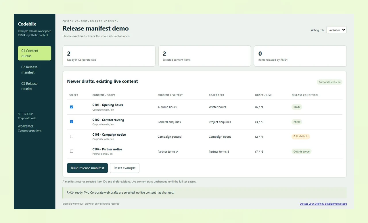 RM24 content queue shows C101 and C102 selected, C103 on editorial hold and C104 outside the Corporate web scope