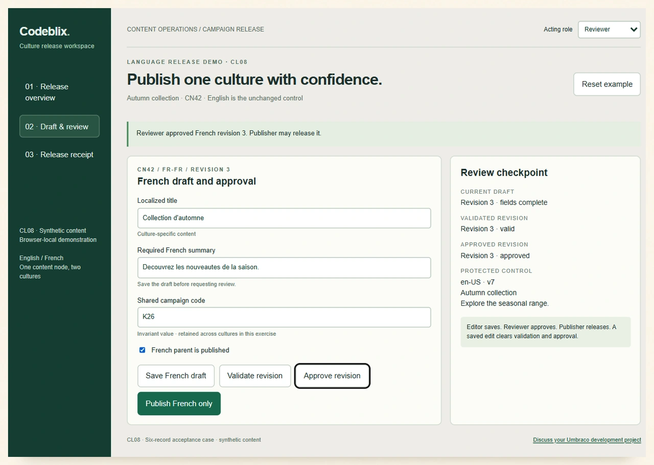 French draft editor shows revision 3 validated and approved with campaign code K26 unchanged