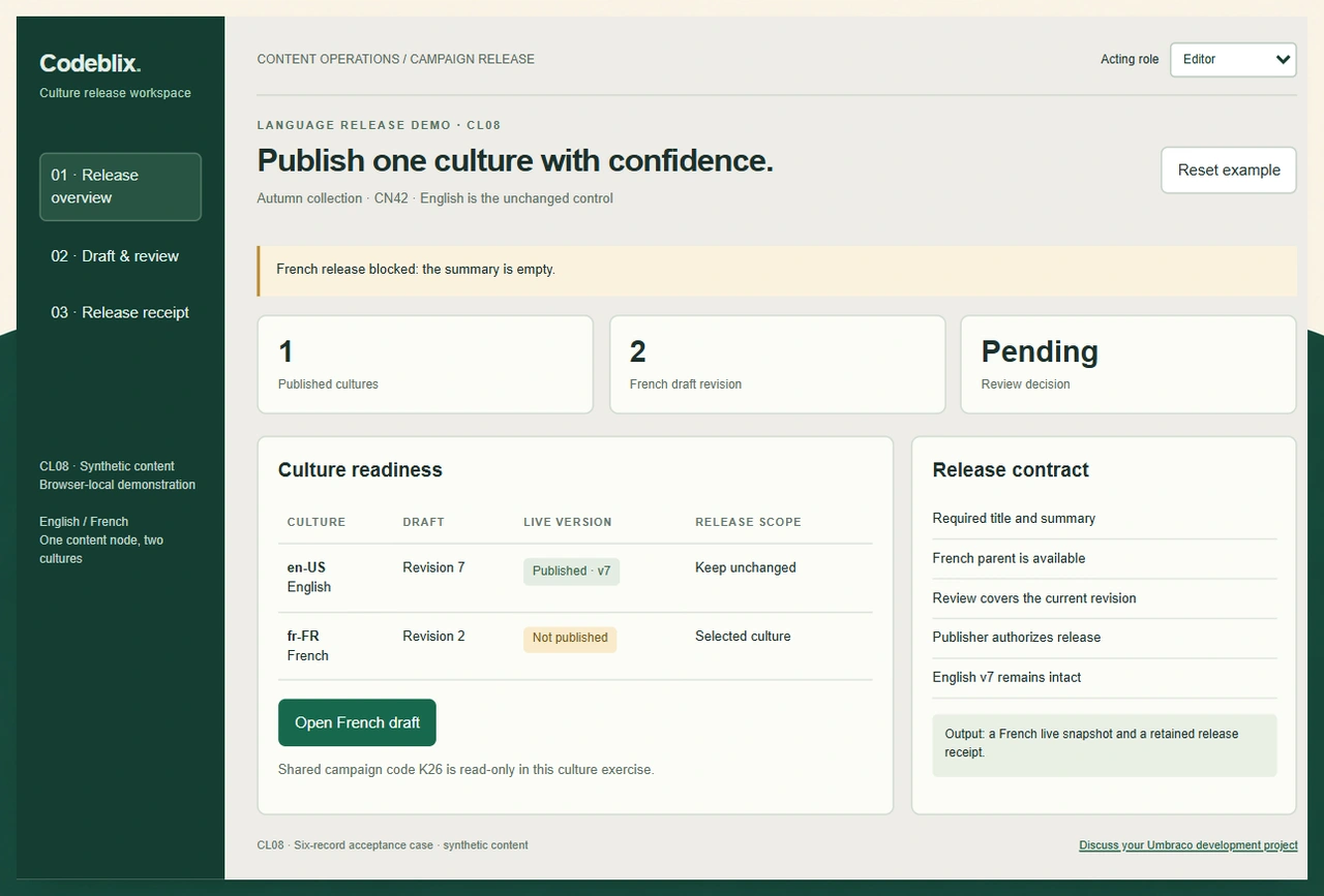 Language release overview shows English published at v7 and a French draft blocked by an empty summary