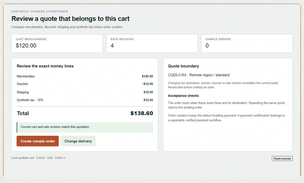 Remote standard checkout quote shows 120 dollars merchandise minus 12 discount plus 18 shipping and 12.60 synthetic tax totaling 138.60