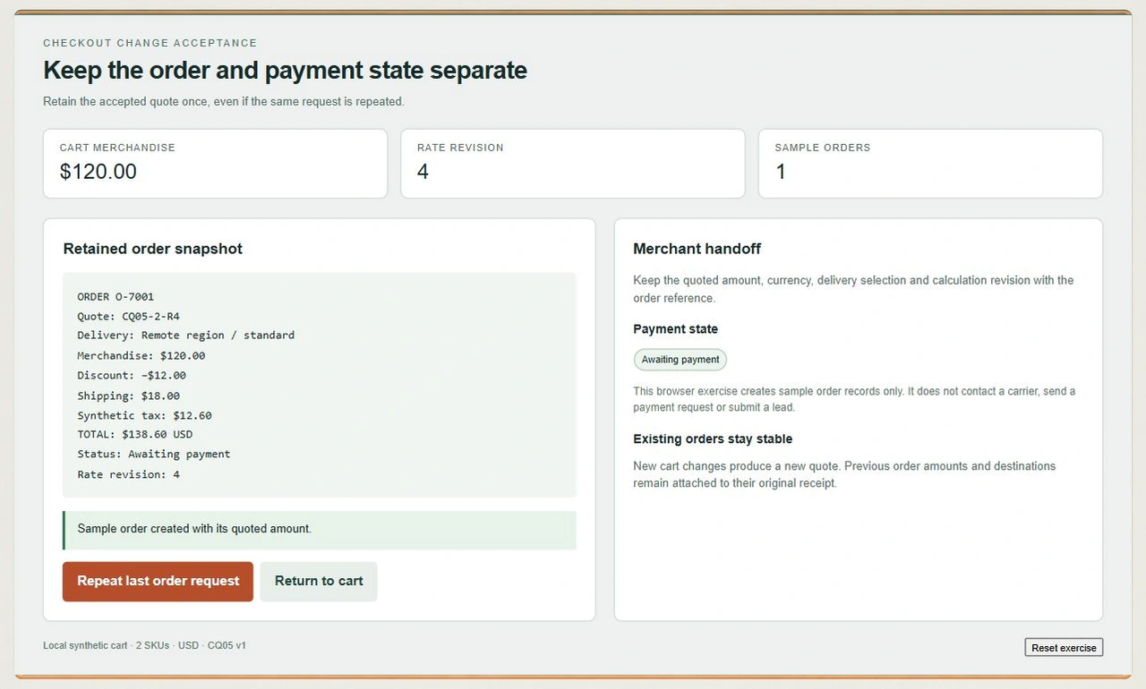 Sample order O-7001 retains quote CQ05-2-R4 and 138.60 dollars with status Awaiting payment and one order