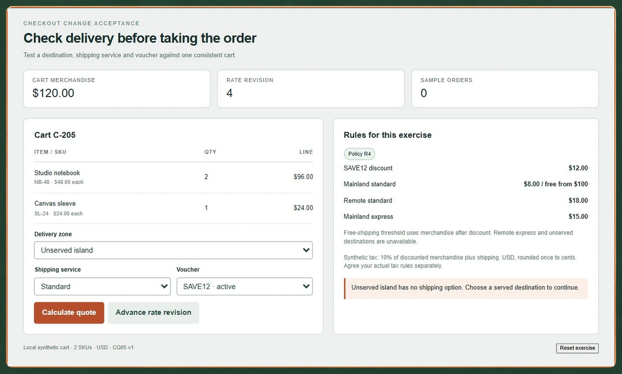 Checkout quote demo shows two notebook units and one sleeve totaling 120 dollars with an unserved delivery destination