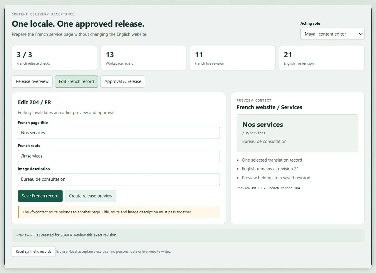 French editor saves Bureau de consultation at revision 13 and creates preview PR-13 for the French services page