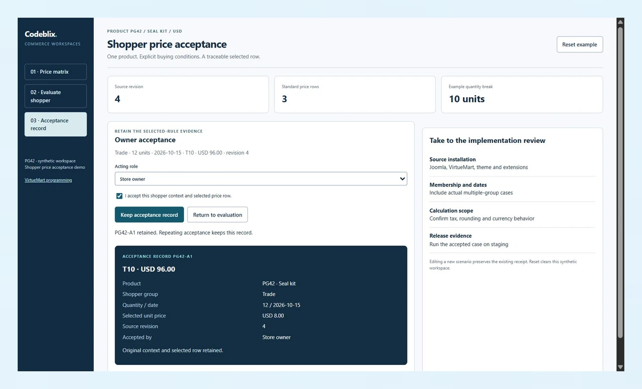 PG42-A1 retains T10 USD 96 for Trade quantity 12 on 15 October at source revision 4, accepted by Store owner