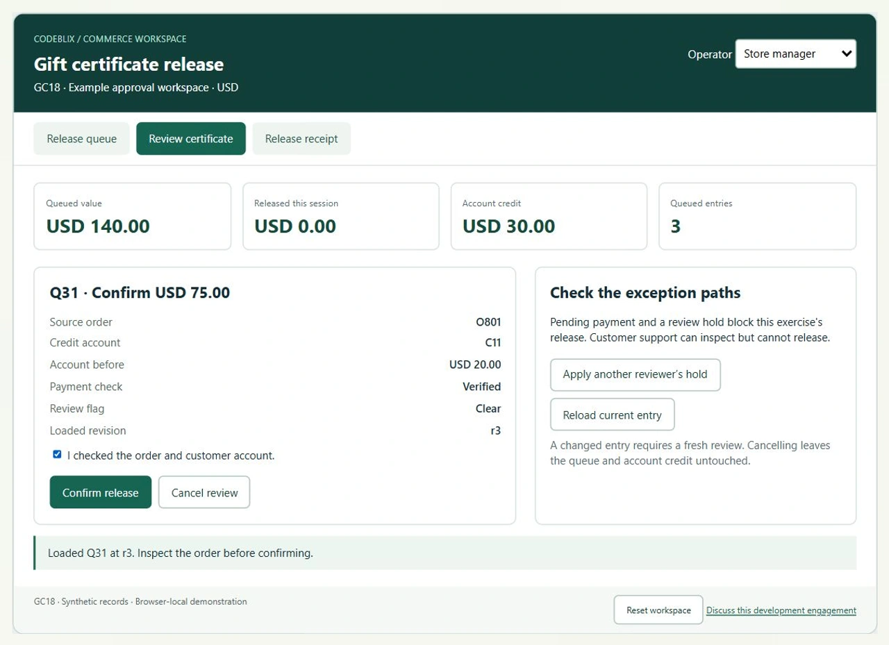 Q31 release review shows order O801, account C11, opening credit USD20, verified payment and loaded revision r3