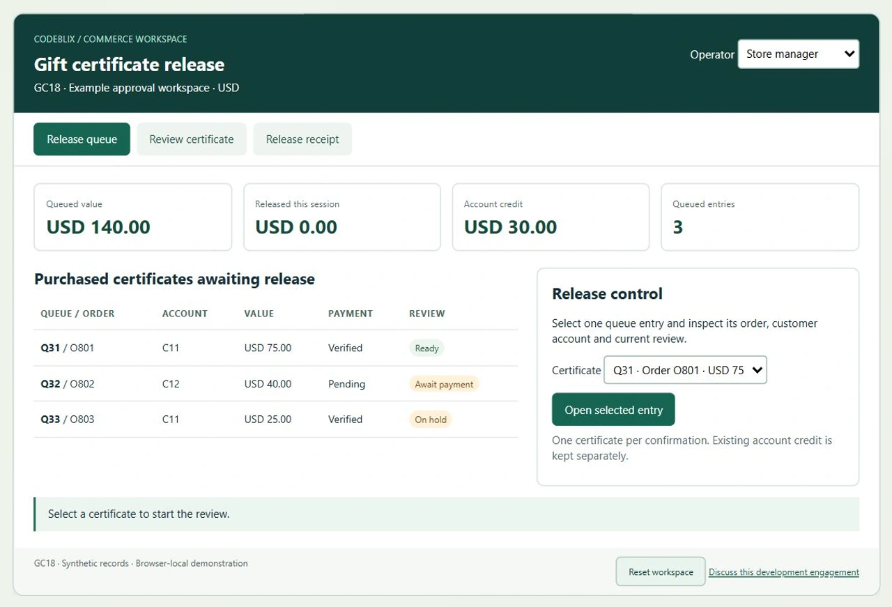 GC18 queue lists Q31 at USD75 ready, Q32 at USD40 pending and Q33 at USD25 held, with USD30 account credit