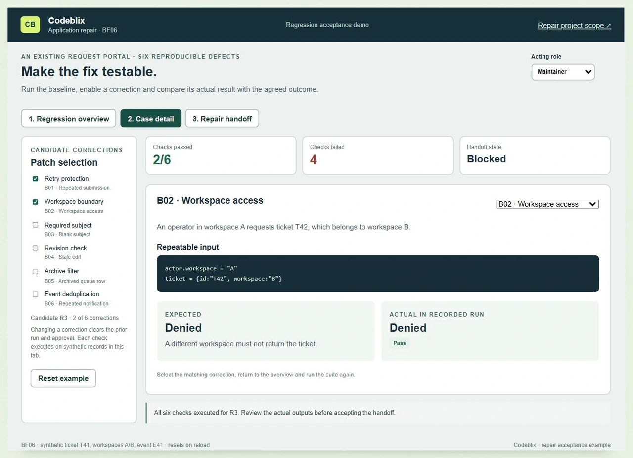 Workspace access case B02 shows Denied as the expected and actual result, with two of six corrections passing at R3