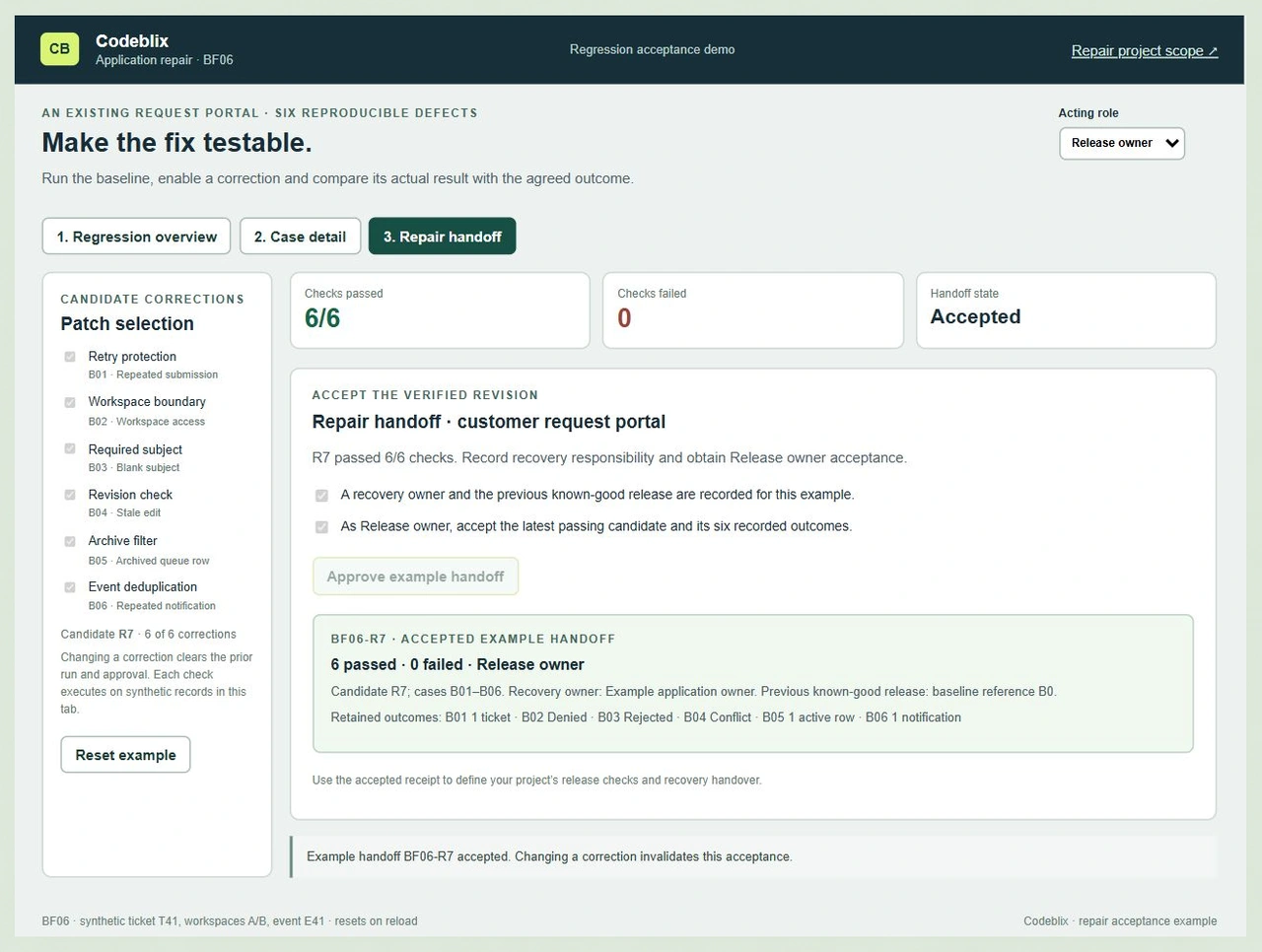 Release owner accepts example handoff BF06-R7 with six passing checks, zero failures and retained outcomes for cases B01 to B06