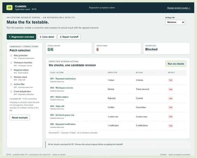 Repair acceptance demo shows six baseline failures, including two tickets for one retry key and a ticket returned outside its workspace
